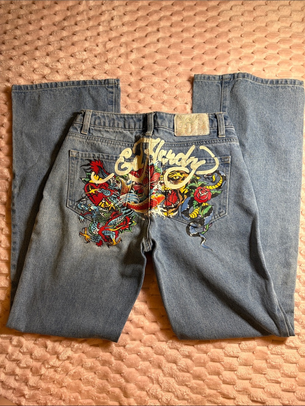 Ed Hardy Light Blue Embroidered Tattoo-Graphic Jeans